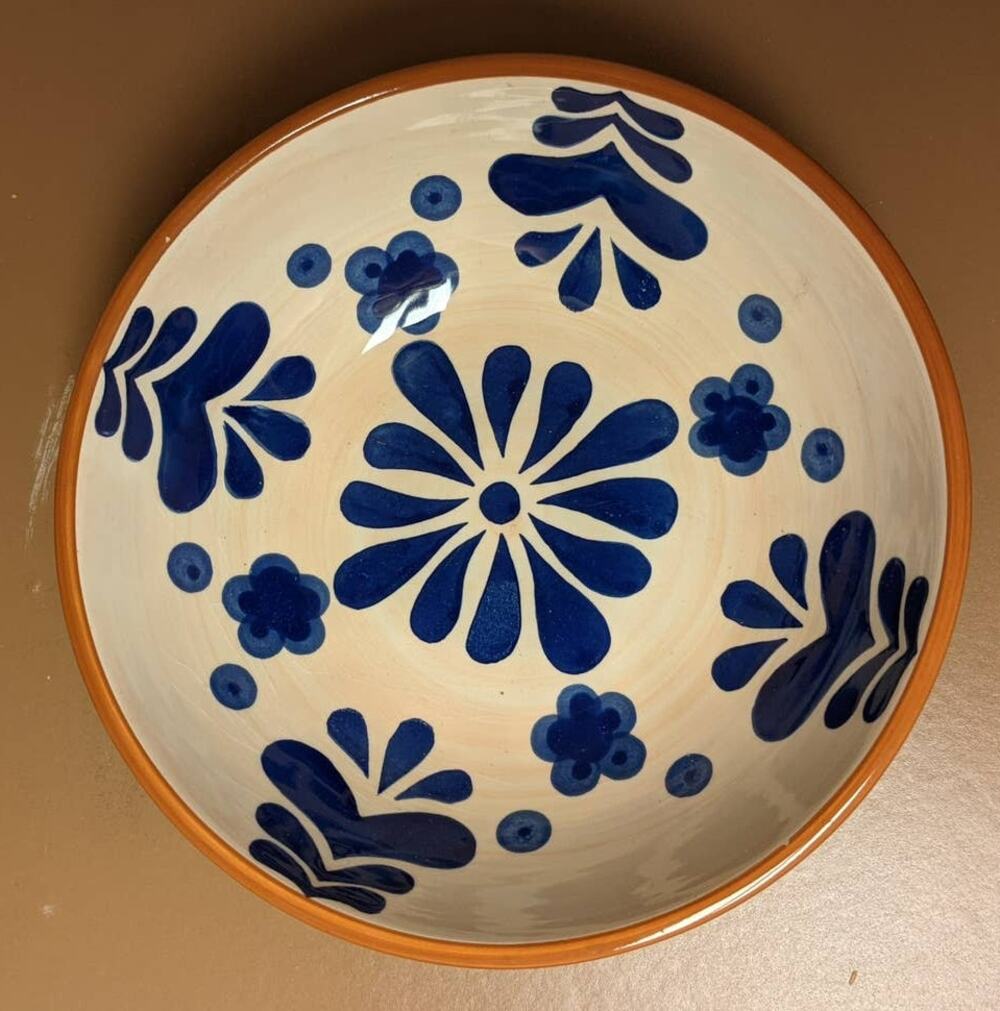 Sedona LOT 2 SALD Handcrafted Glazed Terracotta Blue Floral Bowl Over 7 Inch